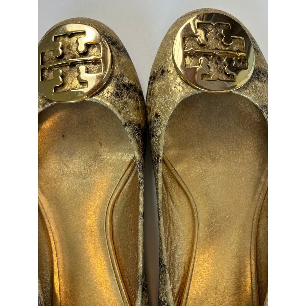 Tory Burch Reva Ballet Flats Gold Snakeskin Women 9.5 Metallic Logo Medallion